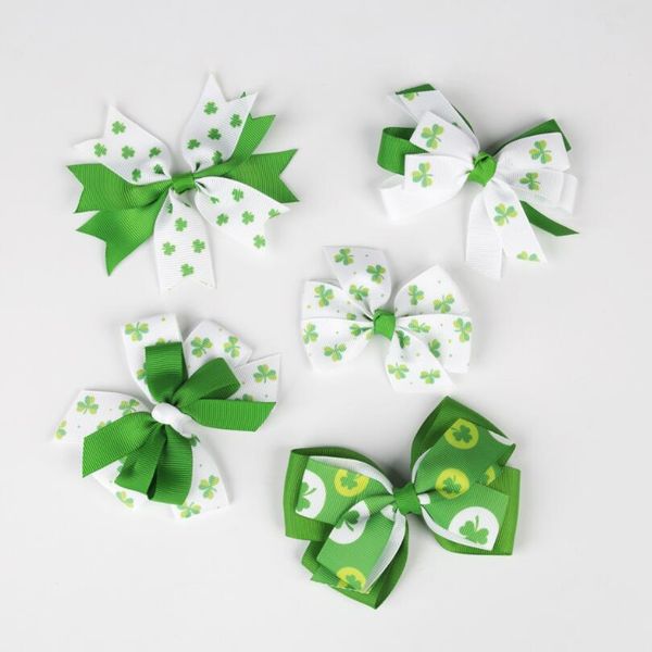 

kids shamrock hair clips girls ireland st. patricks day thread clover bow barrettes bow ribbon hair clips irish day party accessories, Slivery;white