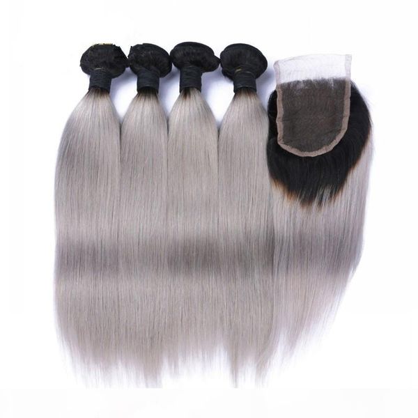 

brazilian body wave grey hair weave 4pcs with closure silver grey ombre hair extensions with closure 1b grey silky straight human hair, Black