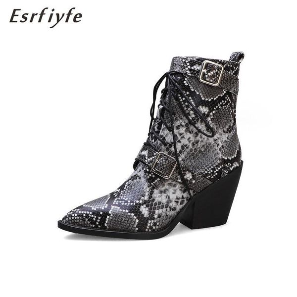 

boots esrfiyfe 2021 autumn fashion women ankle pointed toe western cowboy chunky for ladies lace-up shoes, Black