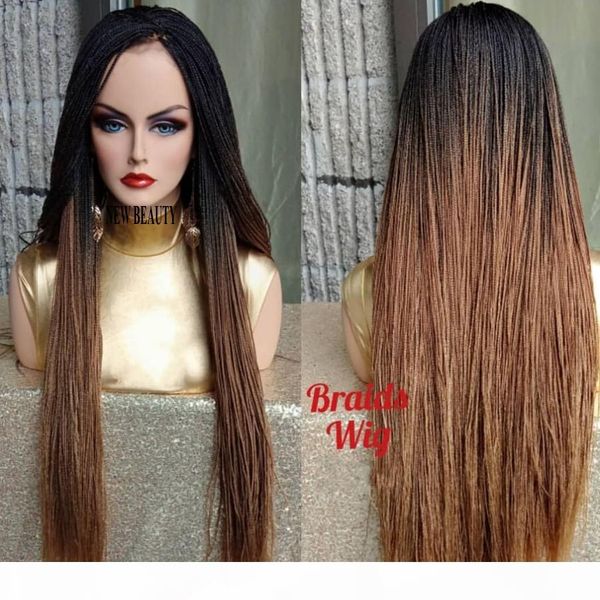

2019 new fashion ombre brown micro braided wigs with baby hair long braids wigs glueless synthetic lace front wig for black women