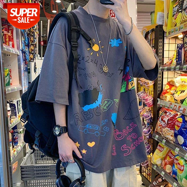 

summer t-shirt male loose five-point sleeve hong kong style trend ins hip-hop graffiti short-sleeved tide brand half-sleeved #jc3g, White;black