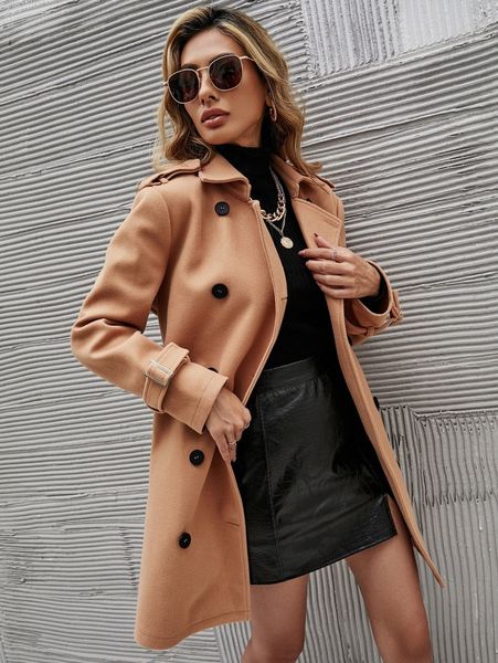 

double breasted buckle sleeve belted overcoat b3im#, Black