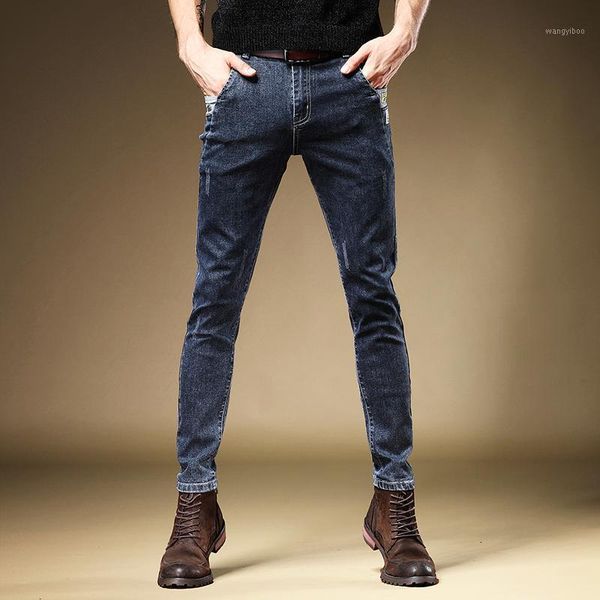 

men's jeans fashion men blue gray pencil pants streetwear slim fit denim trousers