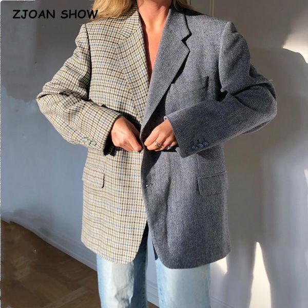 

women's suits & blazers 2021 autumn winter plaid contrast color woolen blazer boyfriend vintage women front pockets loose oversize suit, White;black