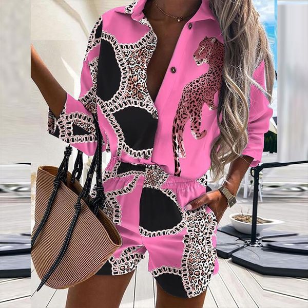 

office fashion outfit autumn elegant womens tracksuits button lapel shirt and pocket shorts suit women casual loose two piece sets, Gray