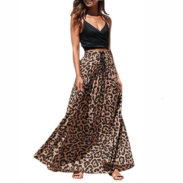 

skirts 2021 summer leopard print high waist long bohemian swing a-line skirt, Black
