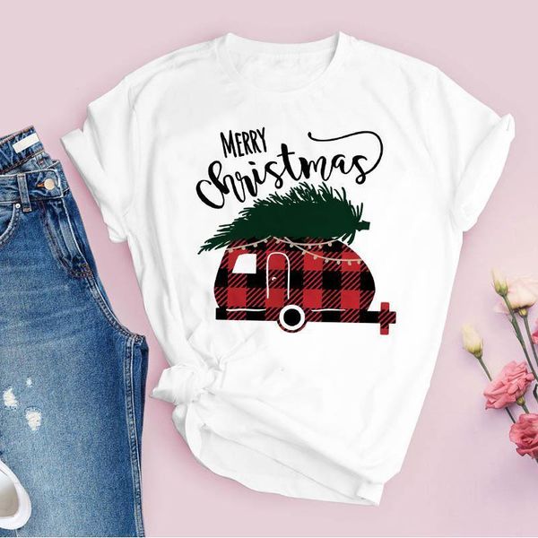 

tees for women print truck plaid 90s style cute merry christmas ladies clothes lady clothing female t shirt t-shirt, White
