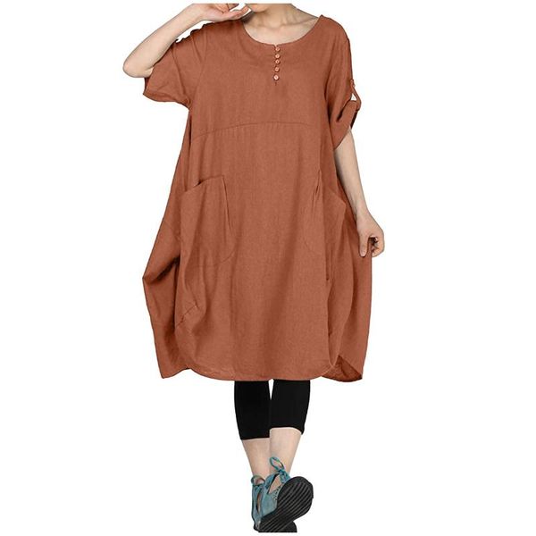 

casual dresses soliod o-neck short sleeve pockets tunic linen summer female loose mid-calf vestidos robe dress for women 2021, Black;gray
