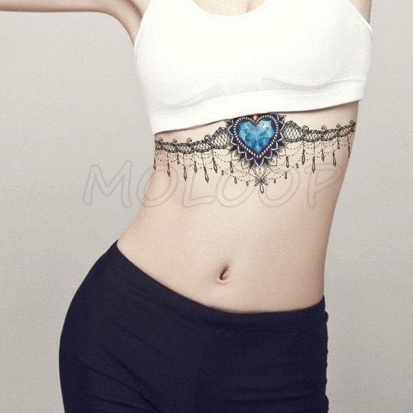

temporary tattoos tattoo sticker blue heart diamond lace necklace chest back fake tatoo waterproof flash tatto art for woman girl