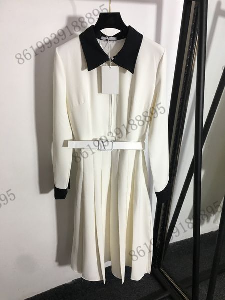

2022ss designer womens dresses v letter buckle belt waist contrast color long-sleeved dress skirts for women length plus size, Black;gray