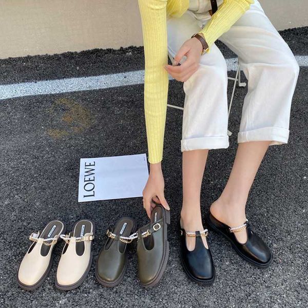 

baotou half slippers female 2021 new fashion all-match flat leather shoes retro big head beaded mule slippers, Black
