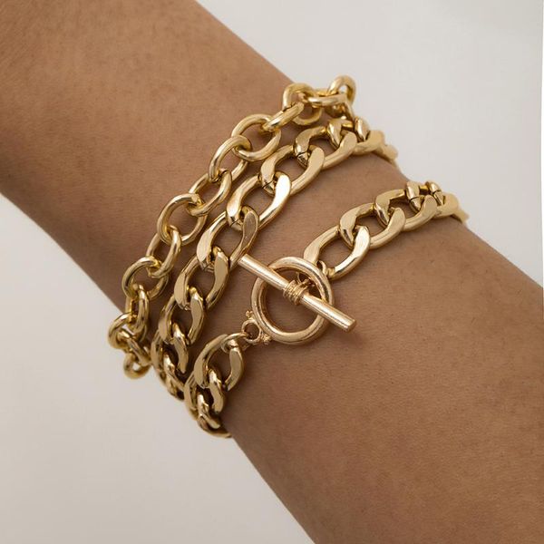

link, chain 3pcs/set punk gold thick bracelet female bohemian geometric simple ot buckle set jewelry girl party gift, Black