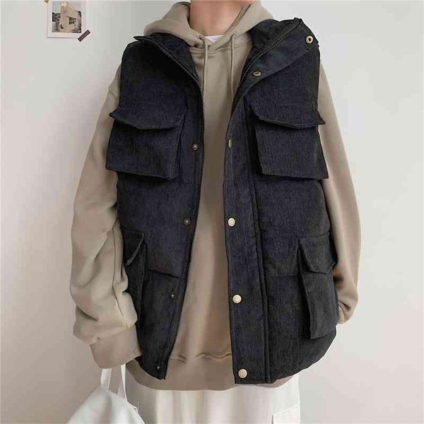 

men's vests winter corduroy vest jacket mens muti-pockets warm sleeveless jackets stand collar male casual waistcoat veste homme 5, Black;white