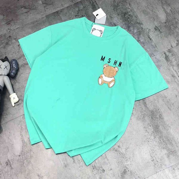 

2022 factory wholesale new summer fashion style simple letter bear embroidery round neck couple loose casual t-shirt 120087, White