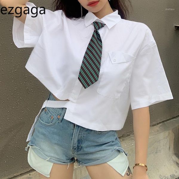 

ezgaga women shirts short sleeve fashion all-match chic hollow out irregular drawstring solid loose pocket women's blouses &, White