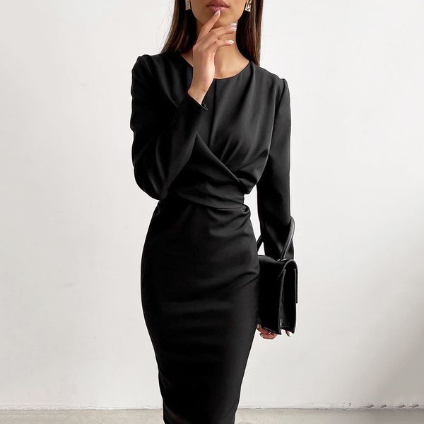 

casual chic cross elegant dress women long sleeve party midi dress office ladies bodycon dresses female vestidos, Black;gray