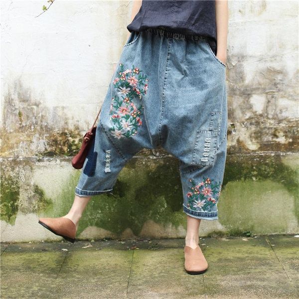 

women's jeans ripped hole women baggy crotch denim pant plus size elastic waist floral embroidery streetwear harem boyfriend mori folk, Blue