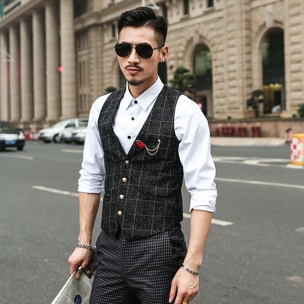 

men's vests men classic plaid suit vest sleeveless jacket gilet mens waistcoat british blazer masculino slim fit career wedding, Black;white
