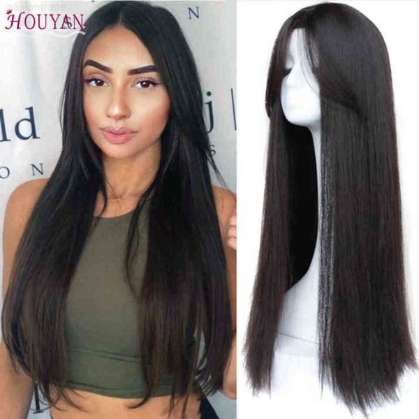 

houyan long straight center split naturally fitted heaear invisible black synthetic wig