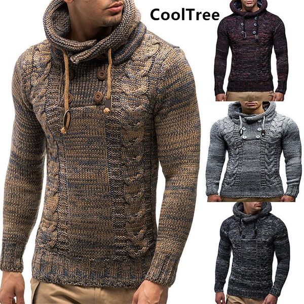

men's hoodies & sweatshirts cooltree men casual autumn winter solid color high collar warm hooded knitted male long sleeve pullover, Black