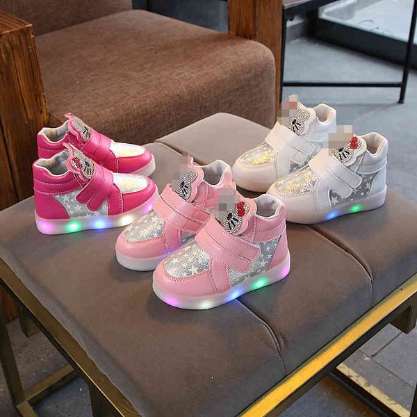 

baby shoes 2021 children's sports cartoon cat small and medium-sized flash light girl's casual, Black