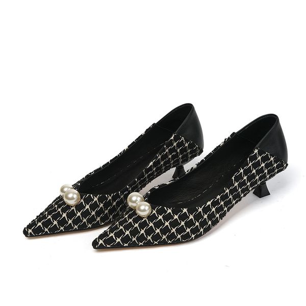 

womens genuine leaher fabric patchork slip-on pumps kitten heel elegnt ladies ol style spring new dress heels shoes for women, Black