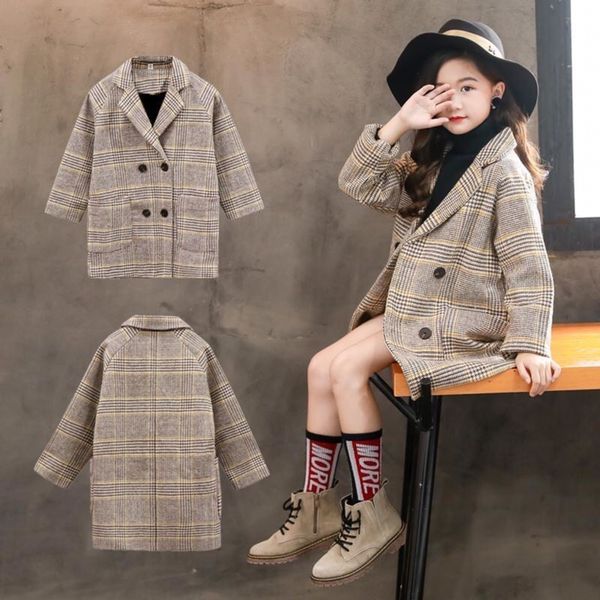 

3-14 ans enfant automne angleterre adolescents pour filles cole hiver manteau fille paisse laine veste mode plaid vtements d'ex, Blue;gray