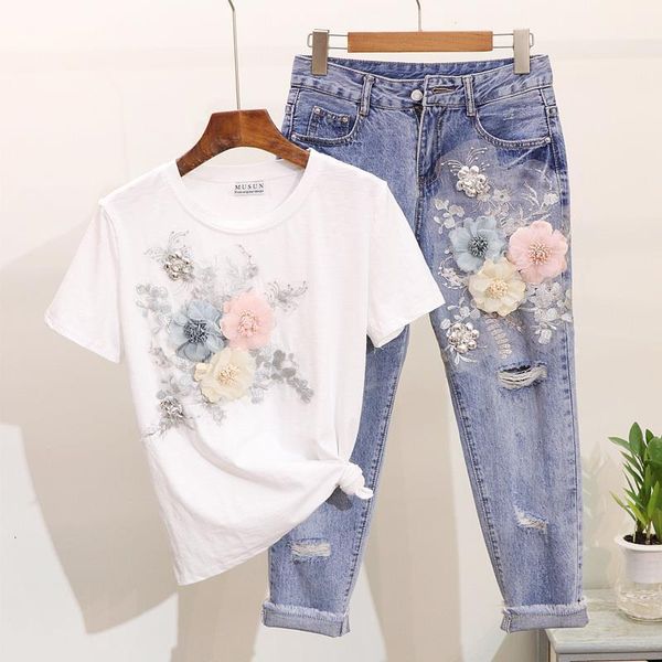 

new summer 2 piece set women heavy work embroidery 3d flower tshirts hole jeans 2pcs clothes sets casual suits outfits my1385, Gray