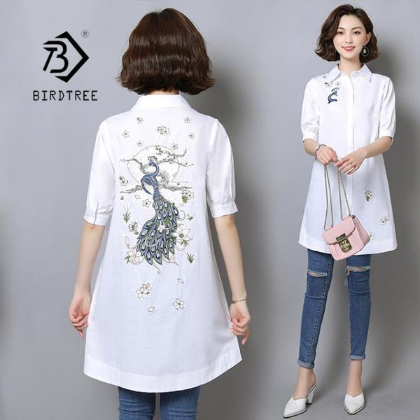 

women peacock peach flower embroidery long cotton white blouse summer short sleeve female shirt turn-down collar t96409f
