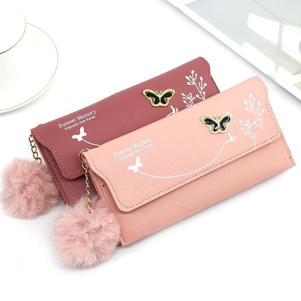 

fashionable women long wallets pure color wool ball bow clutch bag card coin purse standard pu solid polyester, Red;black