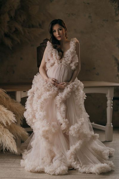 

long elegant evening dress 2021 v-neck champagne tulle maternity dresses for p shoot robe pregnant women fomral gowns, Black;red