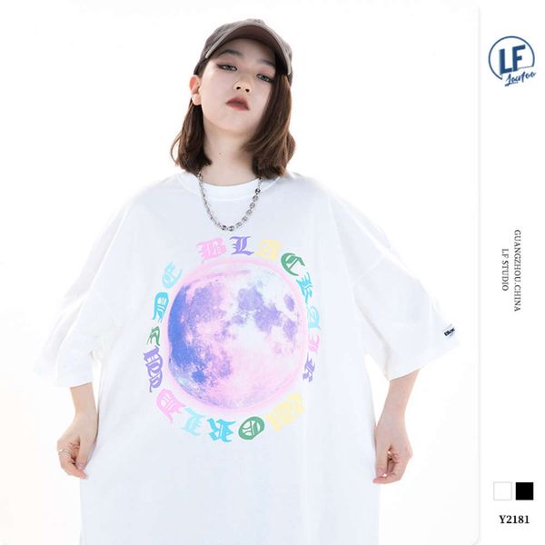 

lawfoo2021 summer new national fashion men's gothic letter moon print men's loose short sleeve t-shirt, White;black