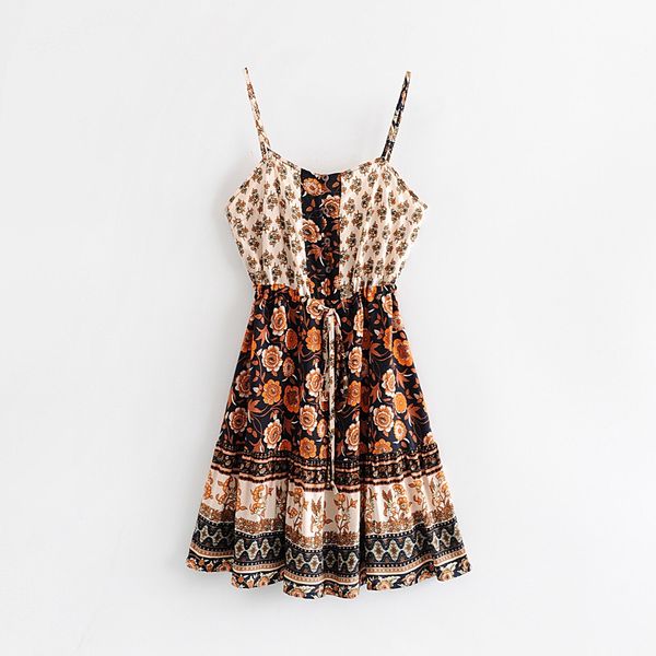

New Bohemian black Floral Print Spaghetti Strap Dress Ethnic Woman Lacing up Adjustable Waist Sling Dresses Beach Vestido, Red