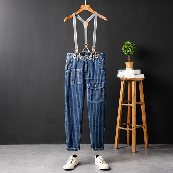 

support one piece dropshipping mens and womens same wear striped jeans overalls overalls detachable split suspenders, Blue