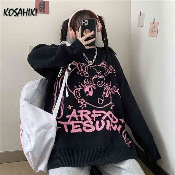 Kosahiki Japon Karikatür Jumper Kadın Kazak Harajuku Streetwear Bahar Kazaklar Gevşek Moda Rahat Formalar Mujer 210922