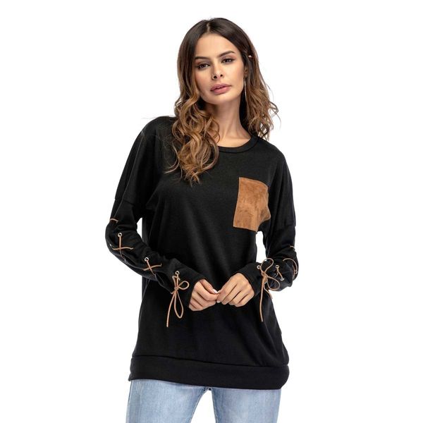 

women long sleeve bandage tshirt pocket crew neck loose tees ladies spring autumn clothes, White