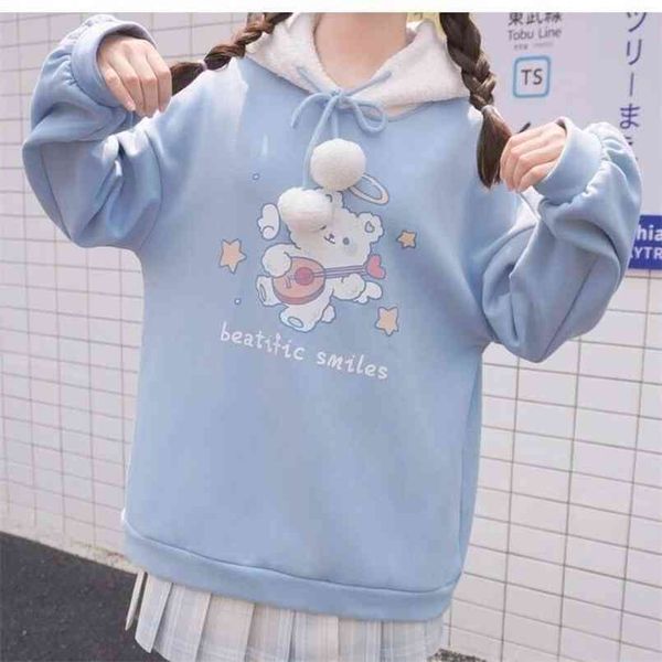 

deeptown kawaii hoodies winter fashion cute pullover women long sleeve print sweatshirt loose plus velvet 210813, Black