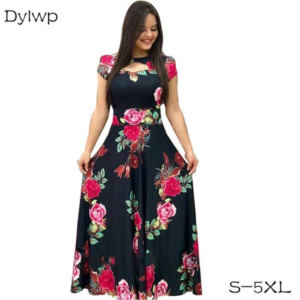 

casual dresses elegant women a-line long party dress flower print tunic 2021 spring lady bohemian maxi plus size s-5xl, Black;gray