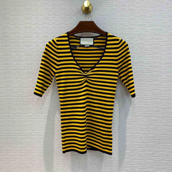 

women's t-shirt t shirt fashion contrast stripes elegant slim knit v-neck leather strap decoration short sleeve t-shirt women elastic, White