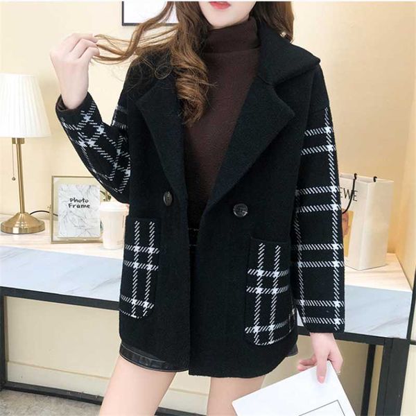 

women's wool & blends suit collar plaid jacket woolen parka 2021 spring and autumn loose knitted double-sided coat female casual, Black