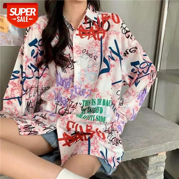 

Harajuku Fashion Blouse Shirt Tops for Women Clothes Plus Size Casual Graffiti Korean Loose Long-sleeved Shirt Students Autumn #X045, White