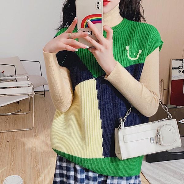 

[ewq] spring 2021 women casual round neck loose short patchwork panelled embroidery tassel sleeveless knitting vest coat 8y819, Black;white