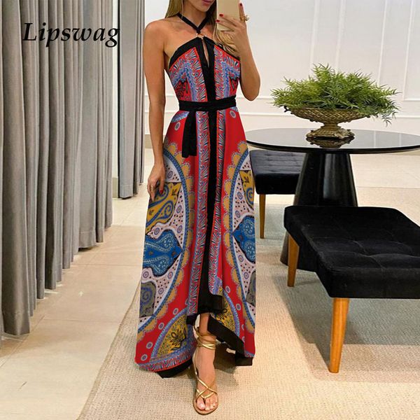 

off shoulder backless lady maxi dress vintage print women beach long dress elegant summer sleeveless high slit party dresshigh quality, Black;gray