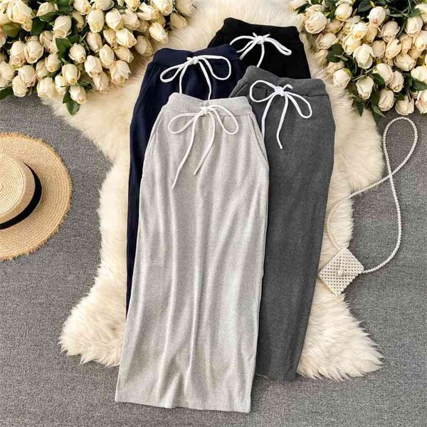 

casual women skirt korean fashion simple style solid high elastic waist lace-up midi elegant all-match streetwear 210603, Black