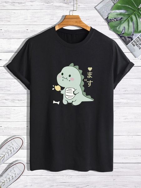 

men dinosaur print and japanese letter graphic tee a3ow#, White;black
