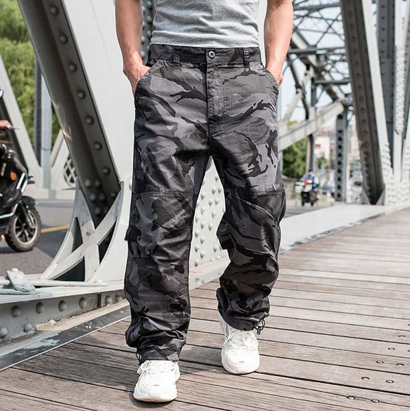 

2021 new camouflage cargo of the casual army-style military men tactical side zipper pocket loose cotton baggy pants longer size d2kc, Black