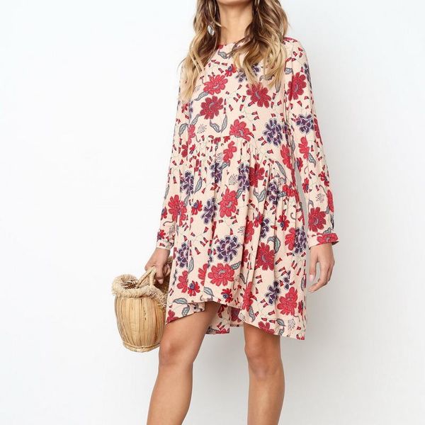 

casual dresses women's fashion flower print party dress summer blouse shirts full sleeve mini skirt ladies holiday clothing, Black;gray