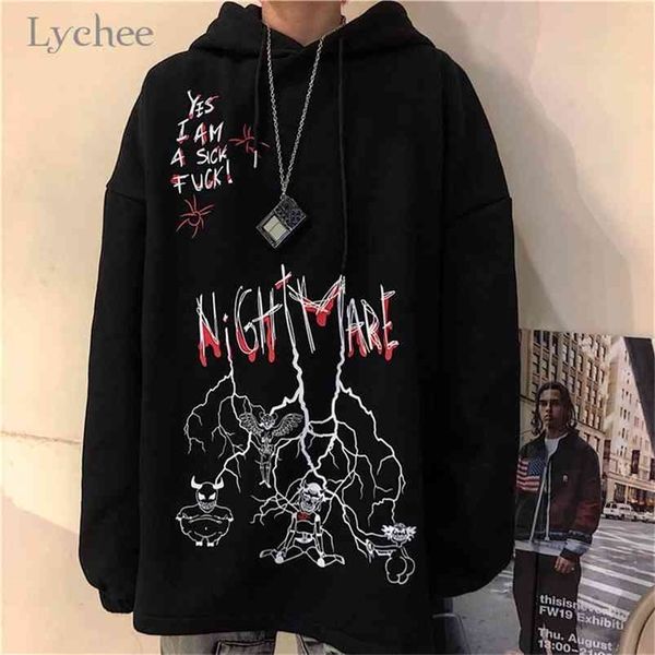 

lychee harajuku loose casual female hoodies pullovers graffiti devil letter women hooded sweatshirt autumn lady sweatshirts 210809, Black