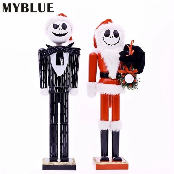 MYBLUE 35 cm Vintage in legno Halloween Cranio Statua Schiaccianoci Scultura Figurine Bambola di Natale Ornamenti Decorazione della stanza di casa 211105