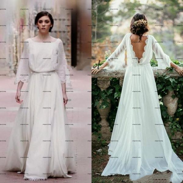 Abiti da sposa bohémien in chiffon di pizzo 2022 Abito da sposa country da spiaggia all'aperto con collo gioiello senza schienale a maniche lunghe Piccolo budget